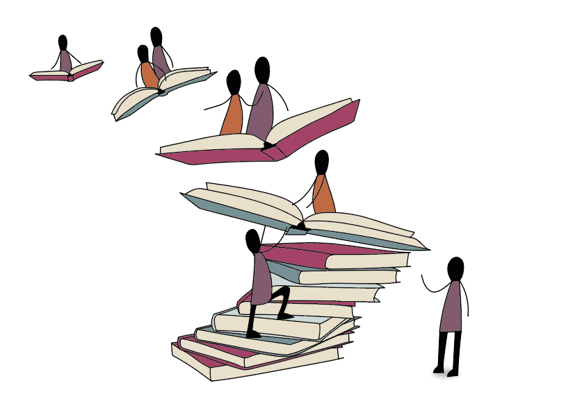 People flying on open books
